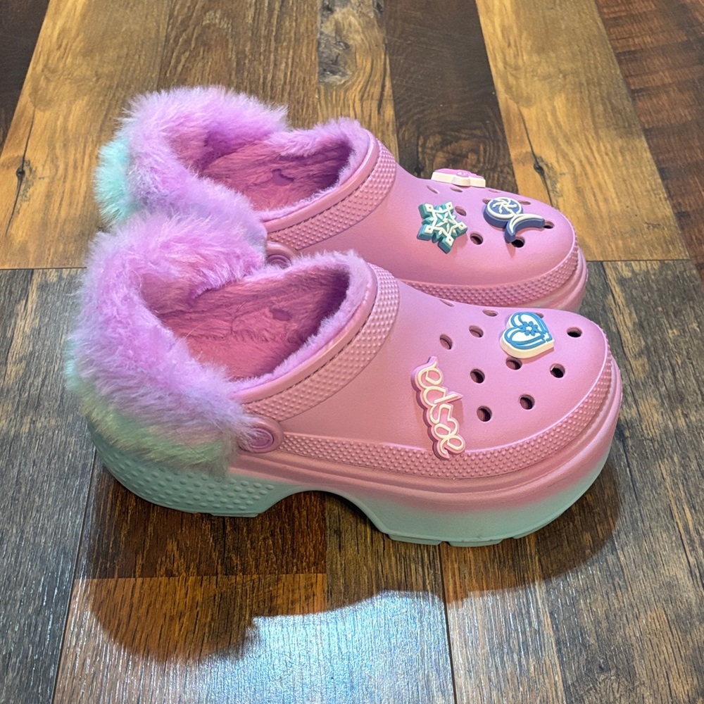 AESPA X CROCS Pink Fuzzy Platform Clogs